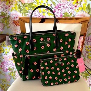 NWT Kate Spade nylon green pink floral bag set